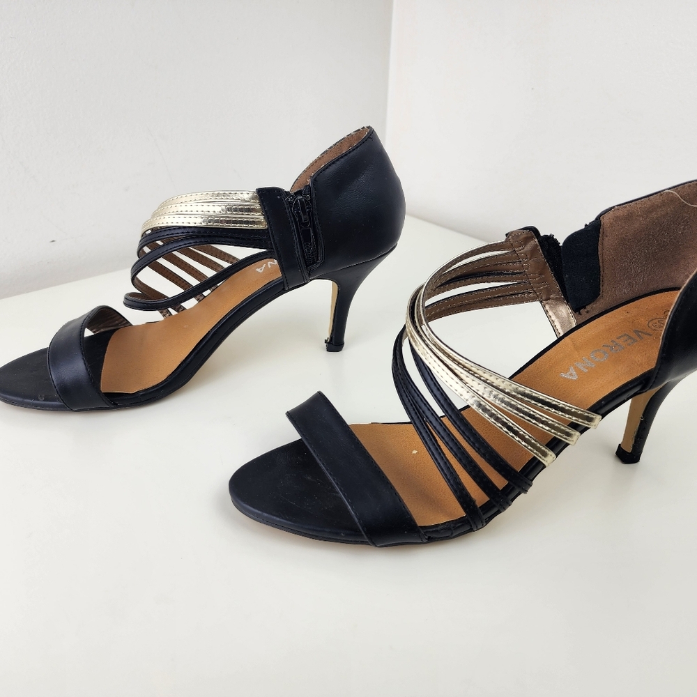 Verona Women Black and Gold Strappy Heels Size 38/8